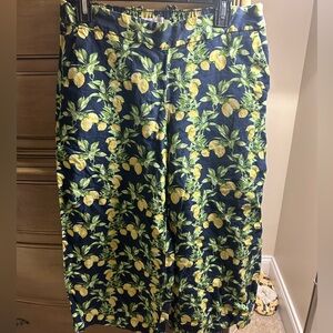 Loft Cropped Linen Lemon Print Pants Sz Medium Petite (MP)